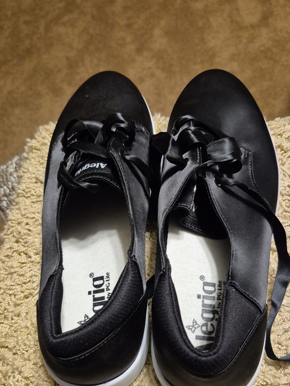 Alegria Black Satin Ribbon Lace Flats
